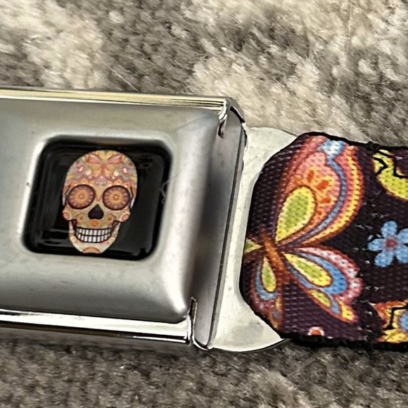 Buckle Down Seatbelt-Burgundy Mariposa Calavera Butterflies Flowers Regular main image 5